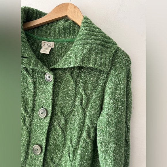 LL Bean Sweater Green Cardigan Cable Knit Chunky Button Turtleneck Wool - Picture 2 of 6